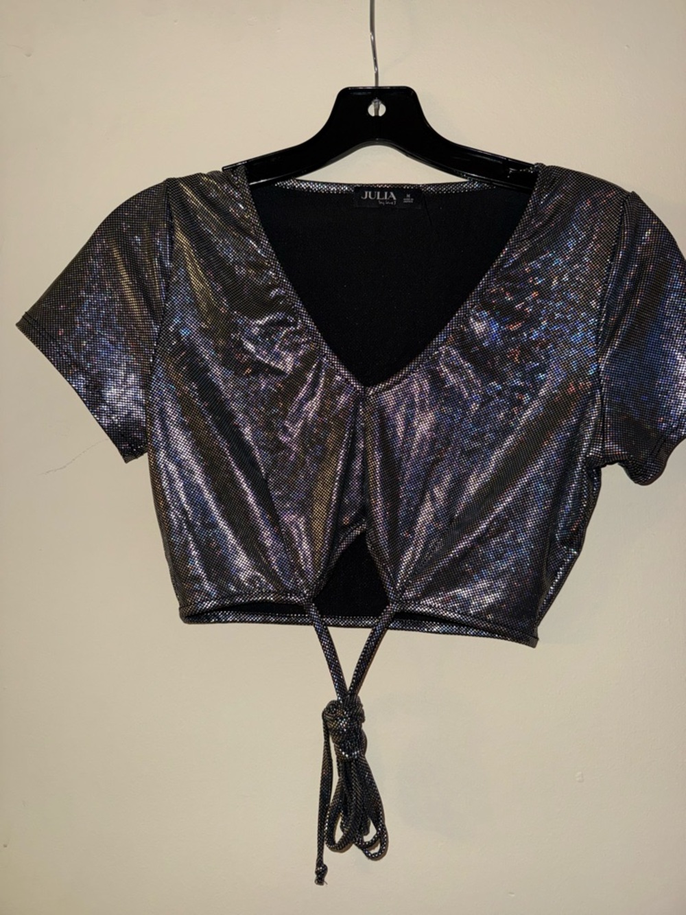 Julia Metallic Black Tie-Front Crop Top